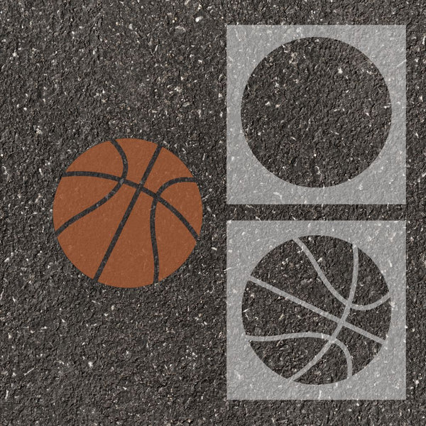 Basketball stenciled on pavement with matching 2 part stencil.